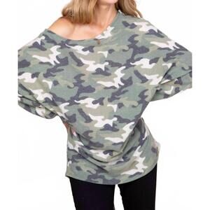 NEW EMERALD COLLECTION slouchy one shoulder dolman top in soft camou